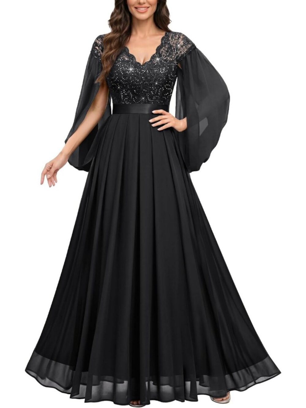 Elegant V-Neck Lace Sequin Cape Split Sleeve Evening Gown for Bridesmaids